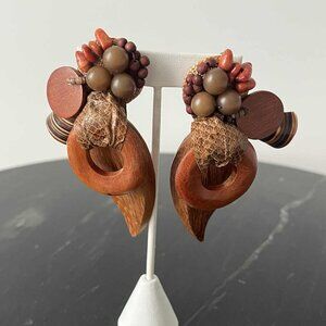 Vintage 1980's Unique Wood/Shell Earrings